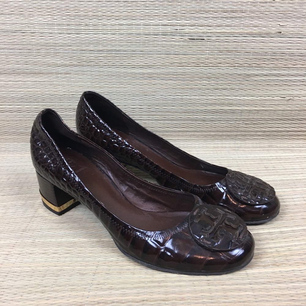 TORY BURCH Amy Croc Embossed Leather Block Heel